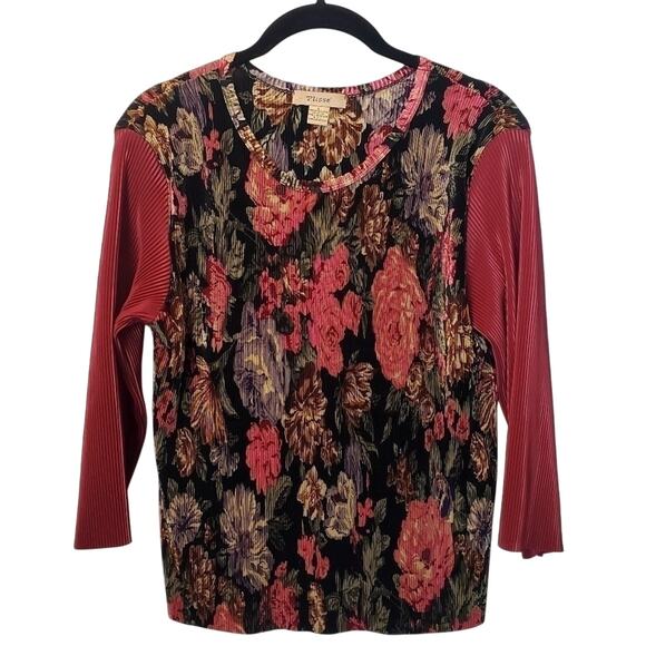 Plisse Vintage Cottage Floral Maroon Pleated Victorian Blouse Top Size M/L ?‎ - Picture 1 of 8